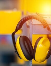 Soundproof headphones for industry plants hanging on lathe in factory.